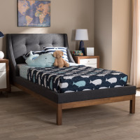 Baxton Studio BBT6696-Dark Grey-Twin Louvain Modern and Contemporary Dark Grey Fabric Upholstered Walnut-Finished Twin Sized Platform Bed